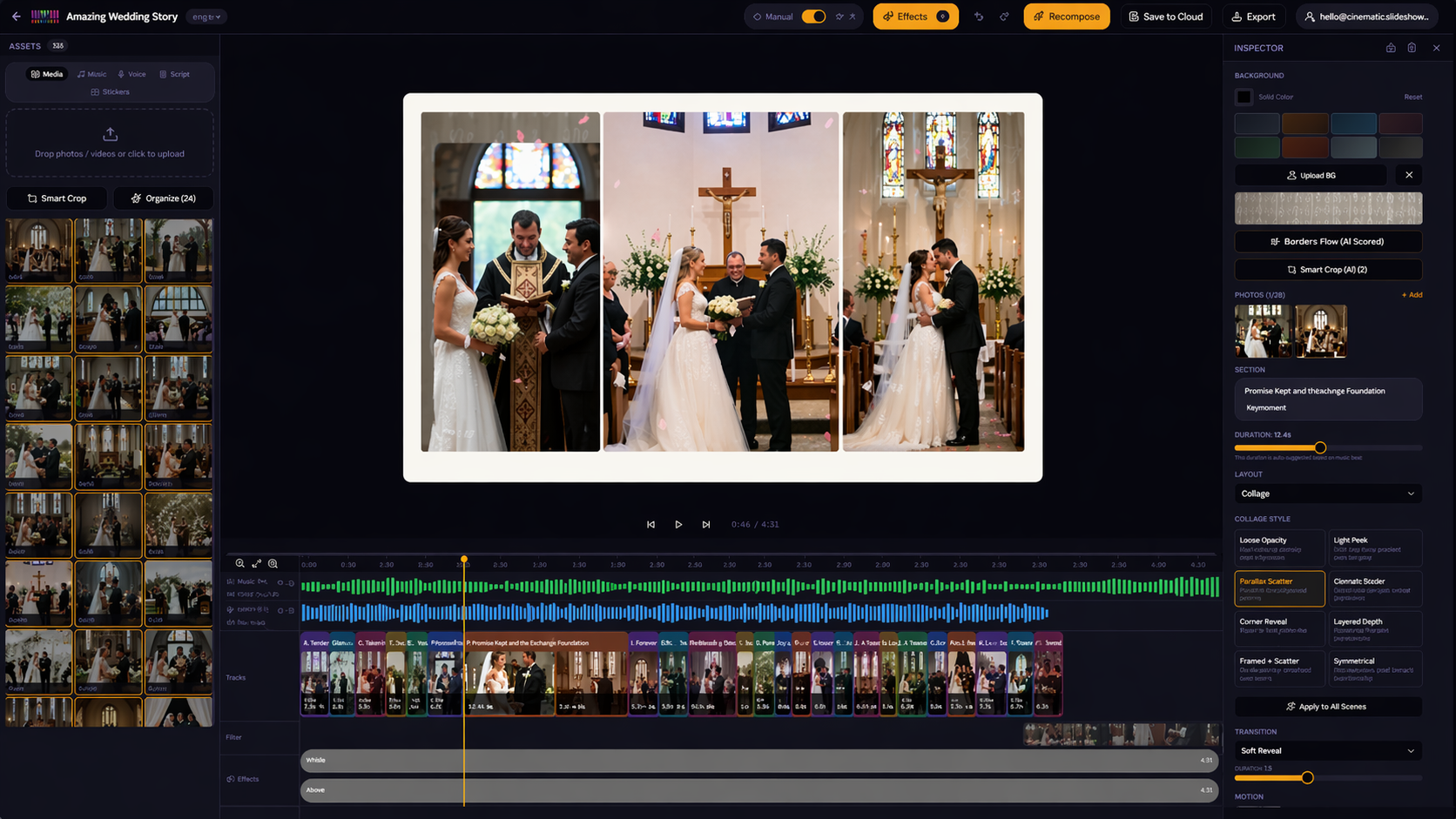 Cinematic Slideshow Studio editor — timeline, scene inspector, and asset library